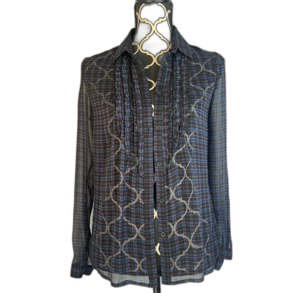 American Eagle Blue & Purple Plaid Sheer Button Front Ruffle Trim Top Size S/P